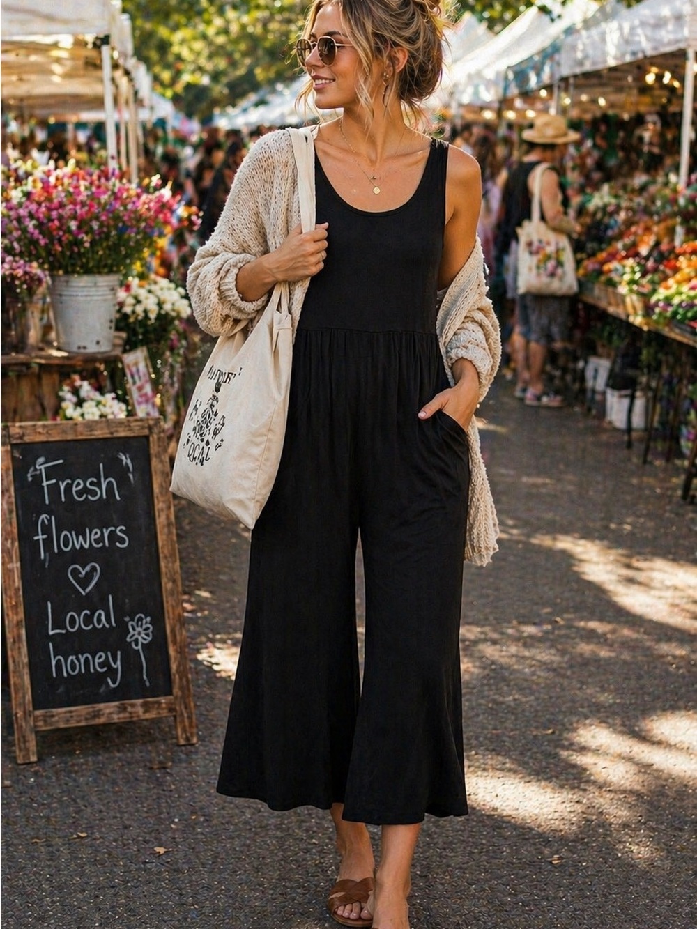 Calvin Klein Black Wide Leg Cropped Jumpsuit With Pockets
